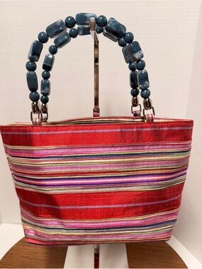 Talbots Women’s Striped Canvas Handbag Purse Turquoise Stone Double Handles